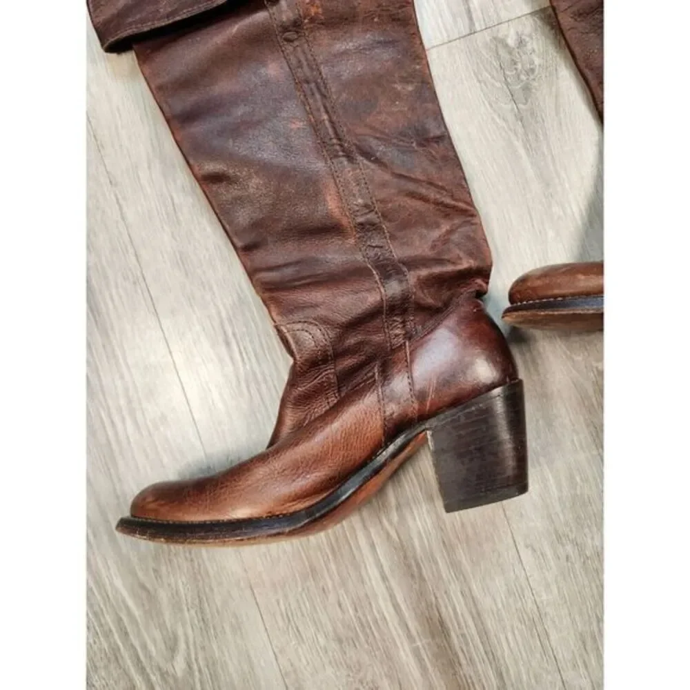 Vintage Frye Leather Boots Over The Knee Cuffed Brown Womens‎ 6B